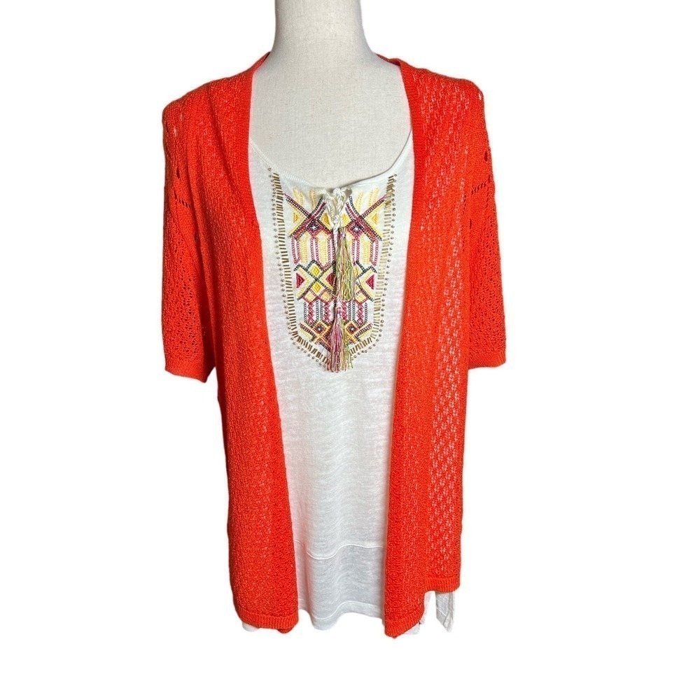 Lauren Michelle Open Front Cardigan w/Aztec Embroidered & Beaded Tank, size XL